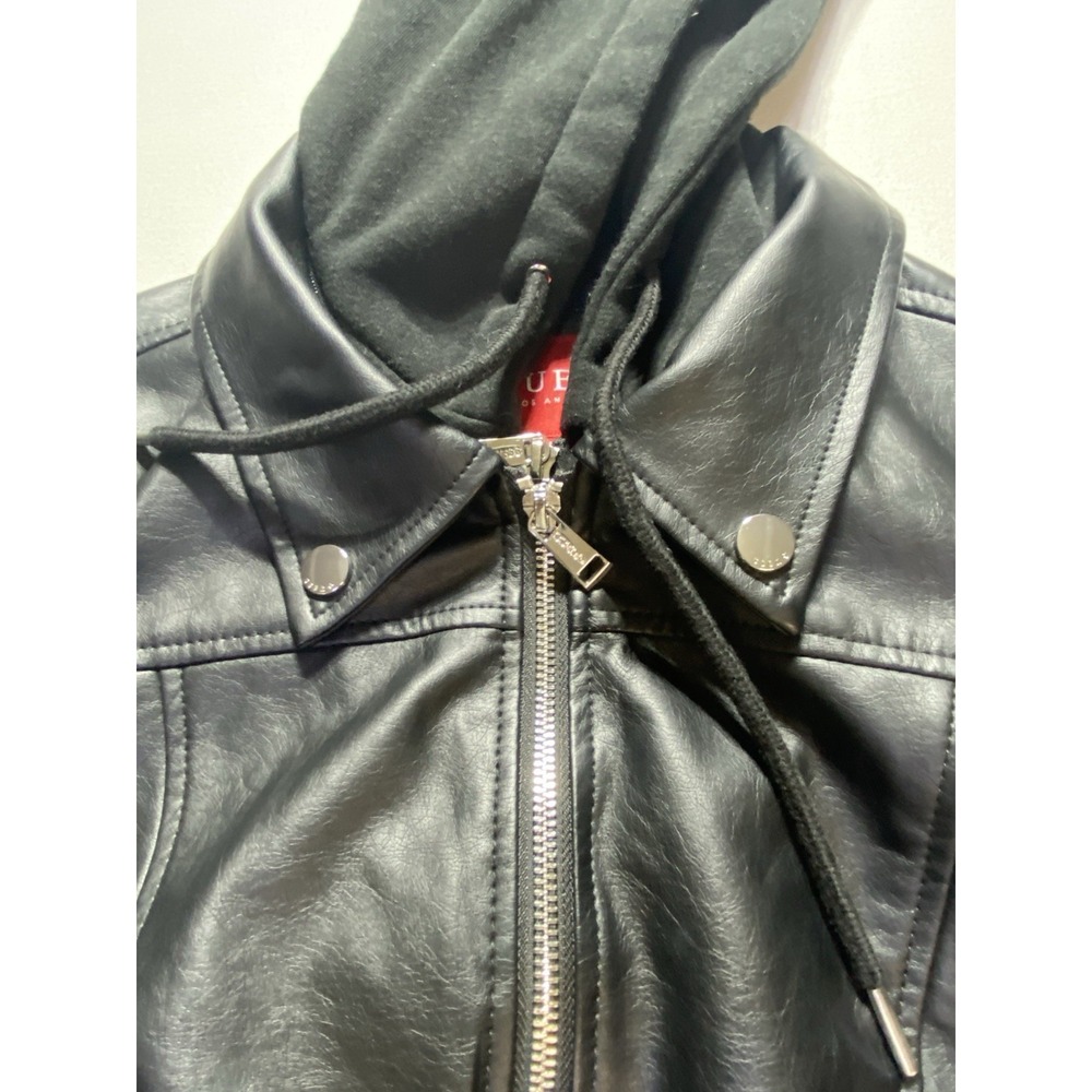 GUESS‎ Los Angeles Womens Faux Leather Moto Jacket Removable Hood Black Medium - Picture 13 of 16